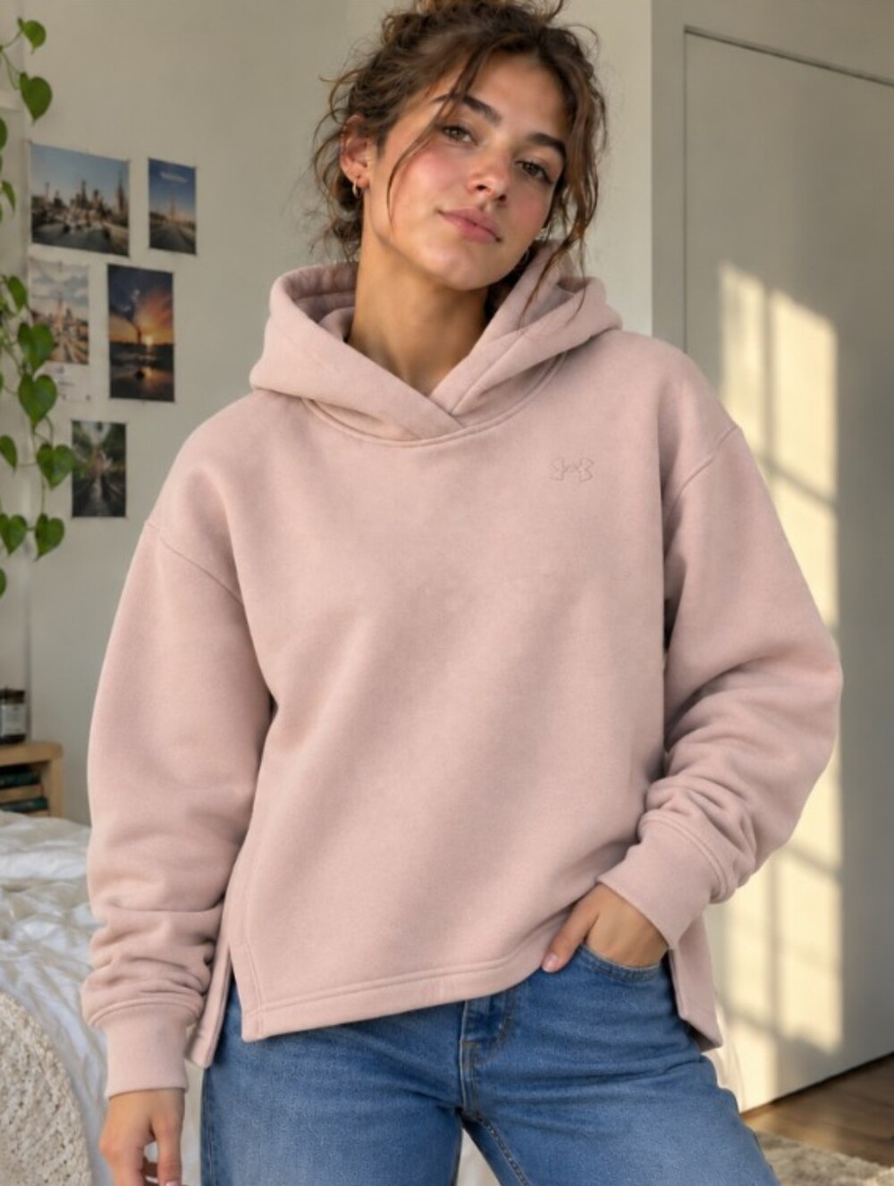 Under Armour Women's Pink Fleece Hooded Pullover Small Oversized